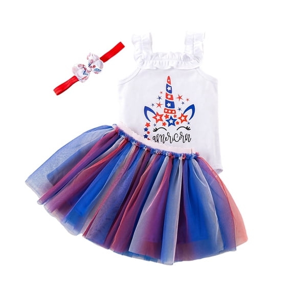 Gyratedream 4th of July Baby Girl Outfits Unicorn Print Ruffle Suspender Sleeveless Rompers + Print Elastic Waistband Tutu Skirt + Hair Accessories Infant Toddler Clothes 3Pcs for 1-18 Months