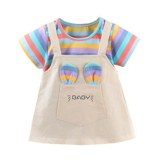 Gyratedream Baby Girl's 2 Pieces Dress Set Outfits Toddler Kids Rainbow Stripe Print Round Neck Short Sleeve Top and Strap Overall Dress with Pocket of Cute Bunny Ears Sets for 12 Months-6 Years