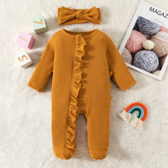 Gyratedream Baby Girls Cotton Waffle Romper Newborn Zip Jumpsuit Headband Clothes