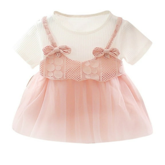 Gyratedream Baby Girls Short Sleeve Striped Lace Tulle Princess Dress Bowknot Sundress Summer Dress, Pink