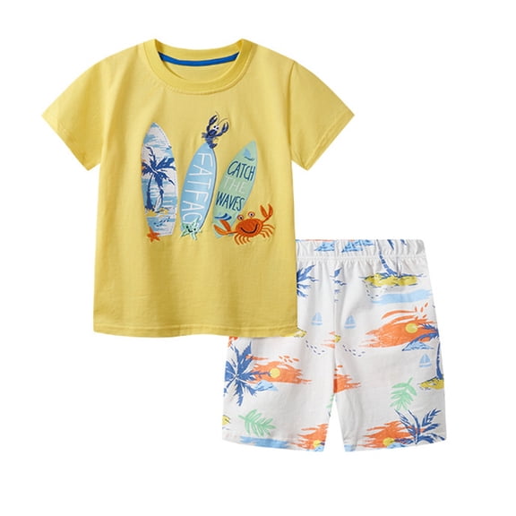 Gyratedream Baby Kids Boys Cotton Outfits Cartoon Print Short Sleeve T-shirt Top   Elastic Waistband Shorts 2 Piece Sets Toddler Clothes for 2-7 Years