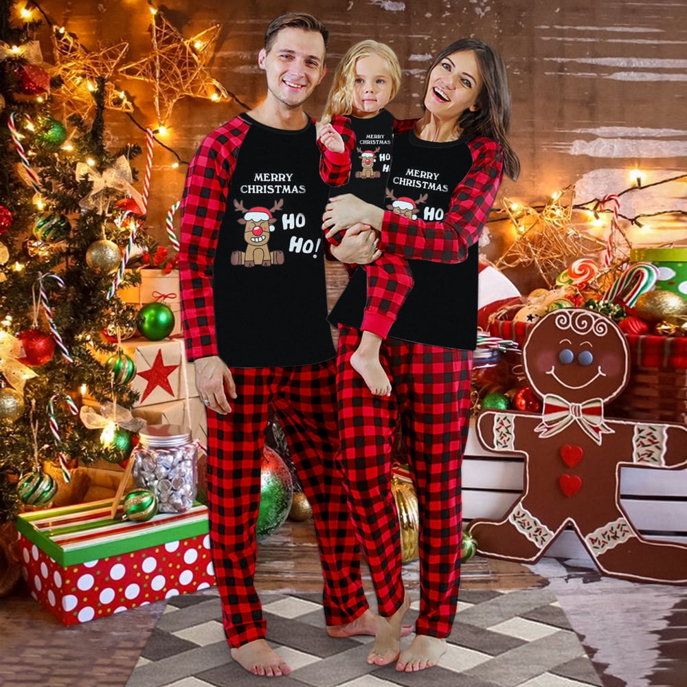 Gyratedream Family Matching Christmas PJ's Cotton Long Sleeve Rudolph Tops  Buffalo Plaid Pants 2-Piece Sleepwear