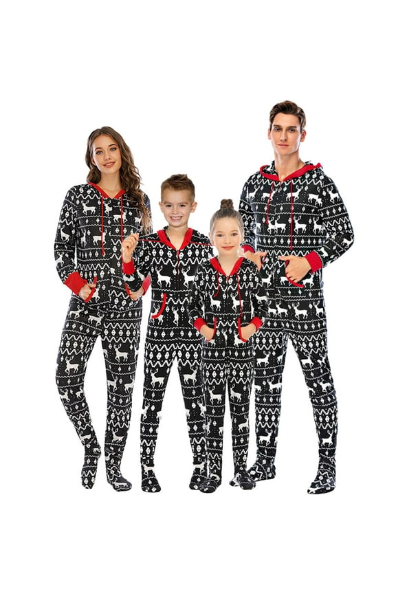 Family Matching Cotton Pajamas Christmas Elk Hooded Footed Sleepwear Long Sleeve Pjs