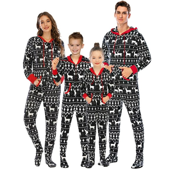 Gyratedream Family Matching Cotton Pajamas Christmas Elk Hooded Footed Sleepwear Long Sleeve Pjs