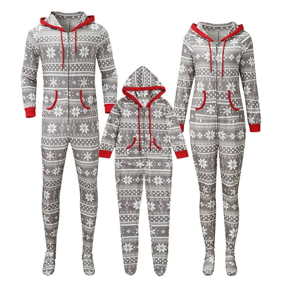 Gyratedream Family Matching Cotton Pajamas Christmas Snowflake Hooded Footed Sleepwear Long Sleeve Pjs