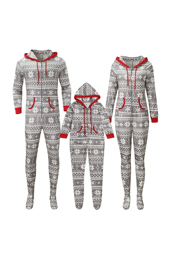 Family Matching Cotton Pajamas Christmas Snowflake Hooded Footed Sleepwear Long Sleeve Pjs
