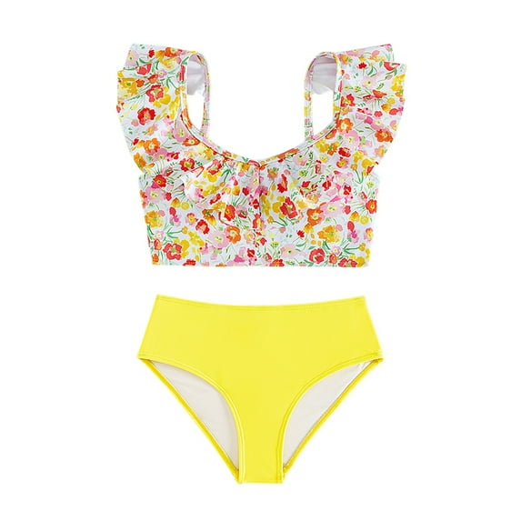 Gyratedream Girls Swimsuits 2 Piece Bikini Set Kids Quick Dry Flower Print Ruffle Collar Tankini Sets Child Bathing Suits for 8 Years-12 Years