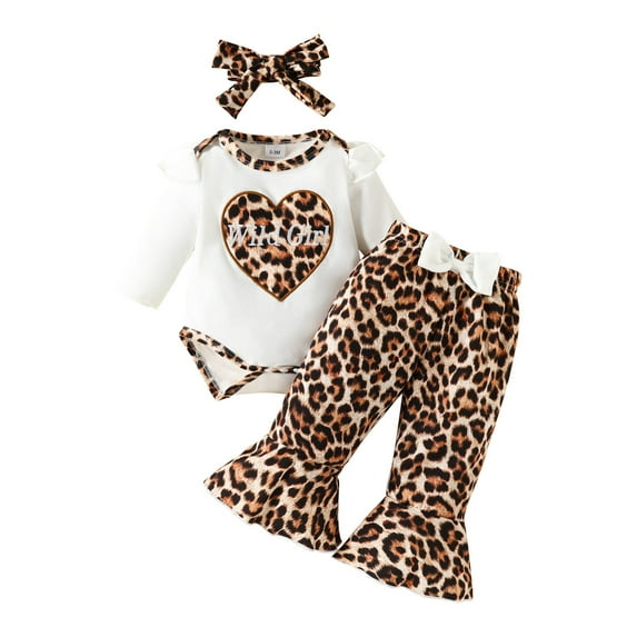Gyratedream Infant Baby Girl Romper Bodysuit Tops Leopard Printed Bell Bottom Pants Cute Summer Outfits with Headband 0-18M
