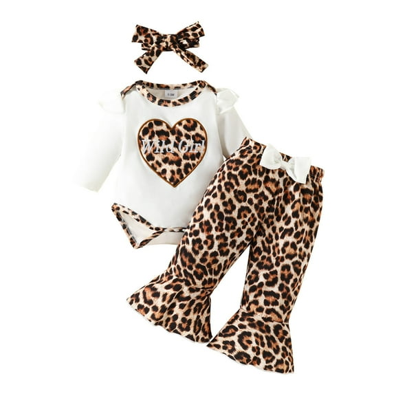 Gyratedream Infant Baby Girl Romper Bodysuit Tops Leopard Printed Bell Bottom Pants Cute Summer Outfits with Headband 0-18M