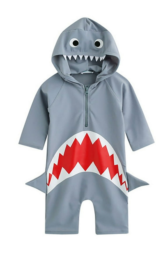 Kid Boy Girl Long Sleeve Shark One-Piece Hooded Swimsuit Sun Protection Clothes