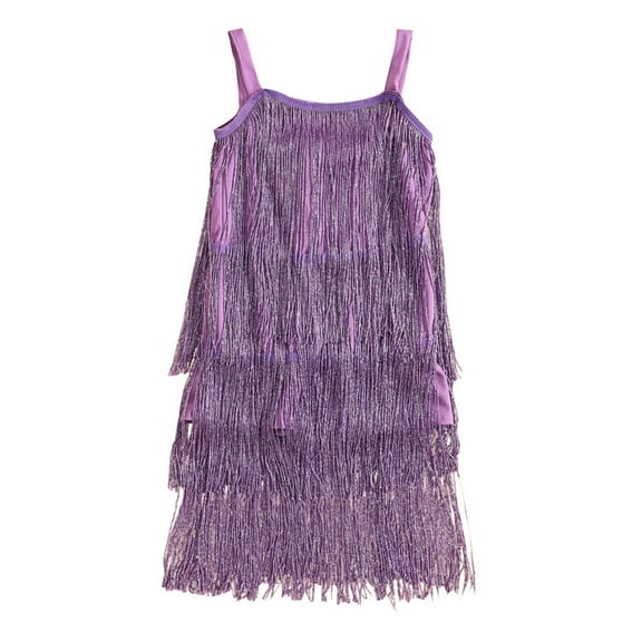 Gyratedream Kids Sleeveless Sequin Tassel Dress Little Girls Dance Wear Party Latin Rumba Dance Dress
