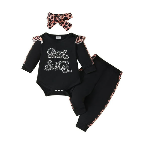 Gyratedream Newborn Baby Girl Jumpsuit Outfits Toddler Girls Letter Printed Leopard Romper Solid Color Pant Leopard Bowknot Headband 3 Piece Set