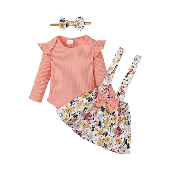 Gyratedream Newborn Baby Girl Outfits Infant Ruffle Sleeve Romper+Suspender Dress+Headband 3Pcs Clothes Set