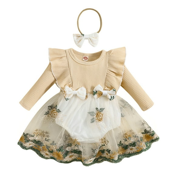 Gyratedream Newborn Baby Girl Romper Dress Set Long Sleeve Ribbed Knit Bodysuit Headband Fall Winter Clothes Girl 1st Christmas Outfit