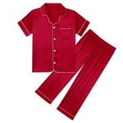 Gyratedream Pajamas Set Girls Silk Satin Button-Down Sleepwear Short Sleeve 2 Piece Pjs Sets Lounge Sets for 5-6 Years Red