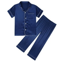 Gyratedream Pajamas Set Girls Silk Satin Button-Down Sleepwear Short Sleeve 2 Piece Pjs Sets Lounge Sets for 8-9 Years Navy Blue