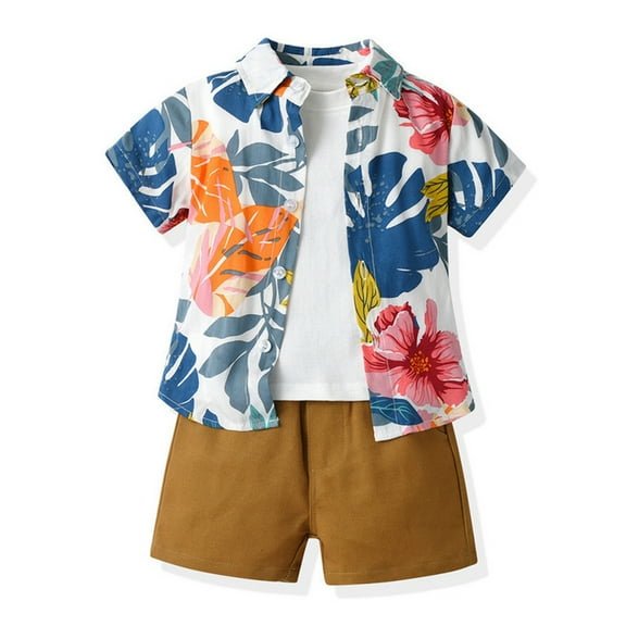 Gyratedream Toddler Baby Beach Graphic Outfits Lapel Collar Short Sleeve Hawaiian Print Shirt   White T-shirt Top   Elastic Waistband Shorts 3 Piece Sets Infant Kids Clothes for 3 Months-6 Years