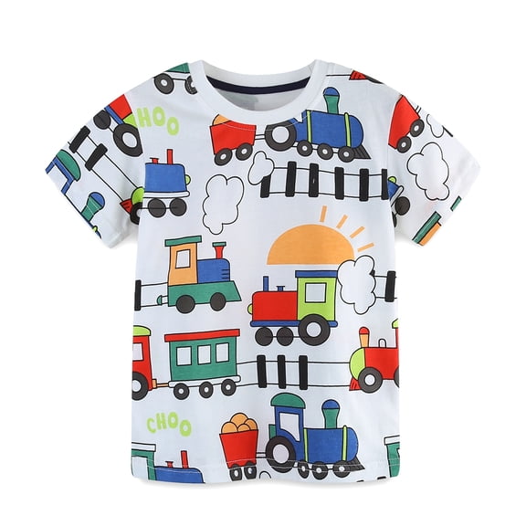 Gyratedream Toddler Baby Boy Summer Clothes Cartoon Train Print T-shirt Round Neck Short Sleeve Cute Graphic Tees Kids Child Casual Tops for 2-7 Years