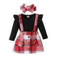 thumbnail image 1 of Gyratedream Toddler Baby Girl Fall Winter Clothes Ruffle Shoulder Long Sleeve Rompers Button Plaid Overall Skirts Headband Outfits, 1 of 11