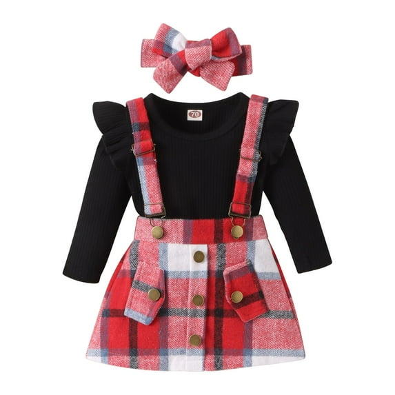 Gyratedream Toddler Baby Girl Fall Winter Clothes Ruffle Shoulder Long Sleeve Rompers Button Plaid Overall Skirts Headband Outfits