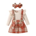 thumbnail image 1 of Gyratedream Toddler Baby Girl Fall Winter Clothes Ruffle Shoulder Long Sleeve Rompers Button Plaid Overall Skirts Headband Outfits, 1 of 12