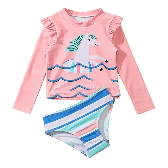 Gyratedream Toddler Baby Girls Long Sleeve Unicorn Ruffle Rashguard Bikini Two Piece Bathing Suit Swimsuit
