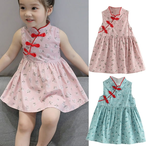 Gyratedream Toddler Baby Girls Sleeveless Floral Chinese Cheongsam Dress Butterfly Buckle Qipao Tradition Clothes, Red