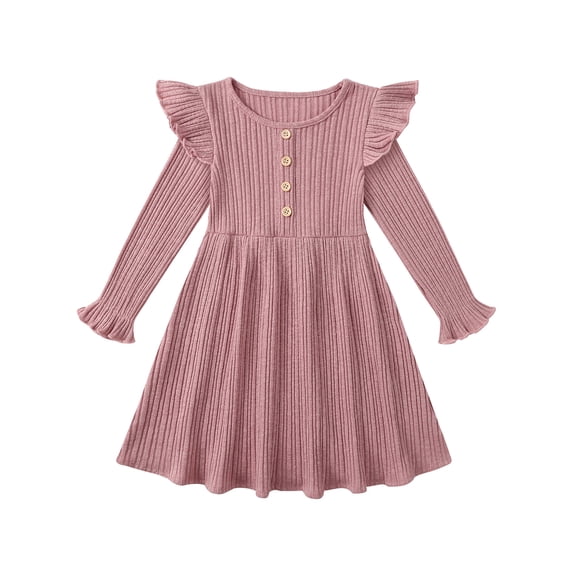 Gyratedream Toddler Fall Winter Long Sleeve Dress Ruffle Long Sleeve Ribbed Knit Button Down Casual Dresses 2-7 Years