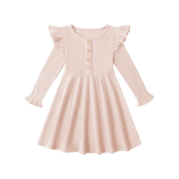 Gyratedream Toddler Fall Winter Long Sleeve Dress Ruffle Long Sleeve Ribbed Knit Button Down Casual Dresses 2-7 Years