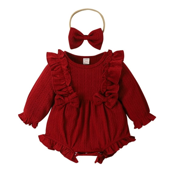 Gyratedream Toddler Girl Bodysuits Jumpsuit Long Sleeve Infant Baby Ruffle Romper Outfits with Bow Tie Headscarf 2Pcs
