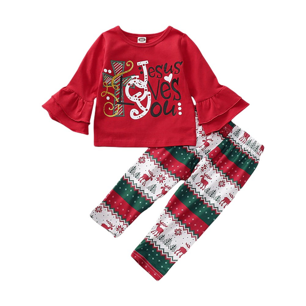 Gyratedream Toddler Kids Baby Girls Reindeer Jesus Over You Print Flare Long Sleeve Tops Pants