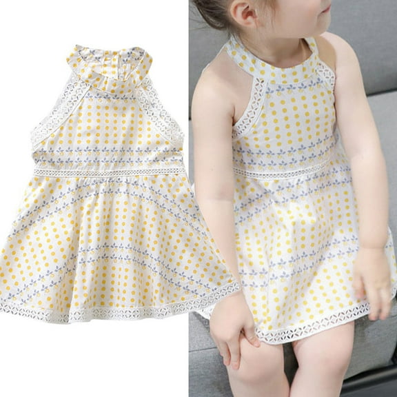Gyratedream Toddler Kids Baby Girls Sleeveless Polk Dot Casual Sundress Plaid Beach Dress Yellow Princess Dress