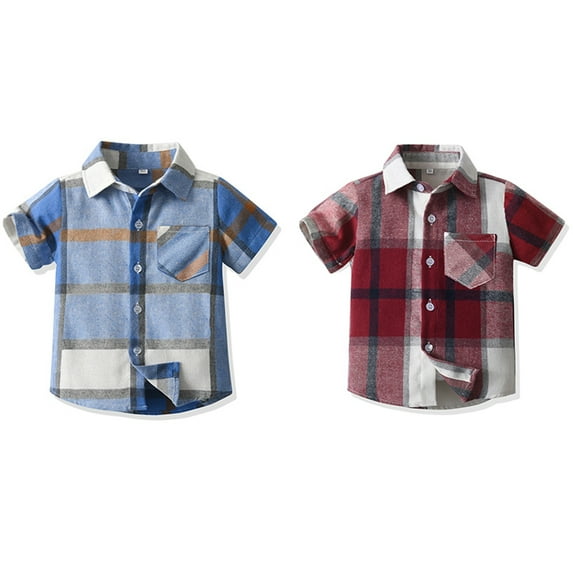 Gyratedream Toddler Little Boy Single-breasted Button down Shirt 2 Pieces Infant Kids Plaid Print Short Sleeve Lapel Collar Shirt Baby Child Summer Casual Clothes for 3 Months-8 Years