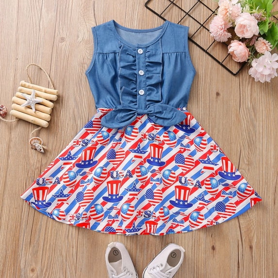Gyratedream Toddler & Little Girls Sleeveless 4th of July Dress Denim Tops Splicing American Flag Skirts