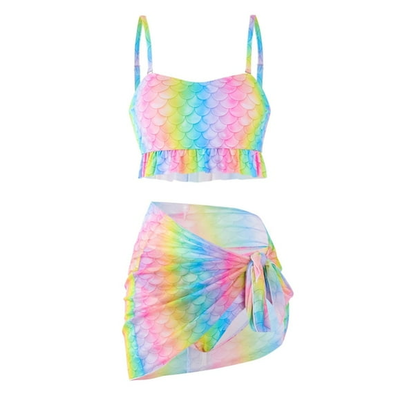 Gyratedream Women Swimsuits 3 Piece Bathing Suits Adult Quick Dry Mermaid Fish Scales Print Tankini Sets with Cover Ups Beach Skirt Family Swimsuits Matching Set for 2 Years-X-Large