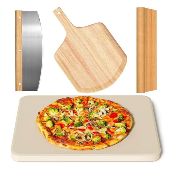 Gyreuni Pizza Stone Set ,15" Pizza Stone for Oven and Grillarge,Pizza Peel(OAK)& 10pcs Cooking Paper,for Home Cooking Crust Pizza or Bread