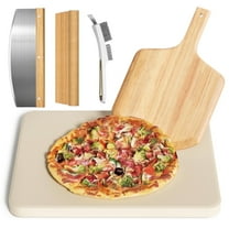 Gyreuni Pizza Stone Set, 5PCS 16" Large Pizza Stone for Oven and Grill with Pizza Peel(OAK), Pizza Stone Brush,Pizza Cutter & 10pcs Cooking Paper for Free, Baking Stone for Pizza, Bread,BBQ