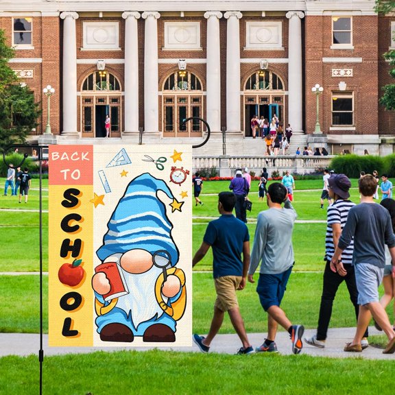 Gyryp Back to School Gnome Garden Flag School First Day Apple Pencil School Flag 12x18 Inch Double Sided Burlap with Gnomes Back to Class for Children Campus Gift Garden Outdoor Party