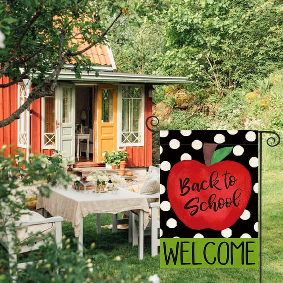 Gyryp Back to School Welcome Garden Flag Double Sided, Polka Dots Apple Small Yard Outdoor Decoration 12x18 Inch