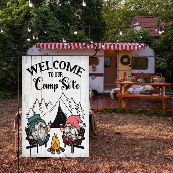 Gyryp Camping Camper Gnome Garden Flag for Campsite Vertical 12x18 , Welcome to Our Camp Site Small Camping Flags Outdoor Fire Pit Camper Camping Campsite Decoration