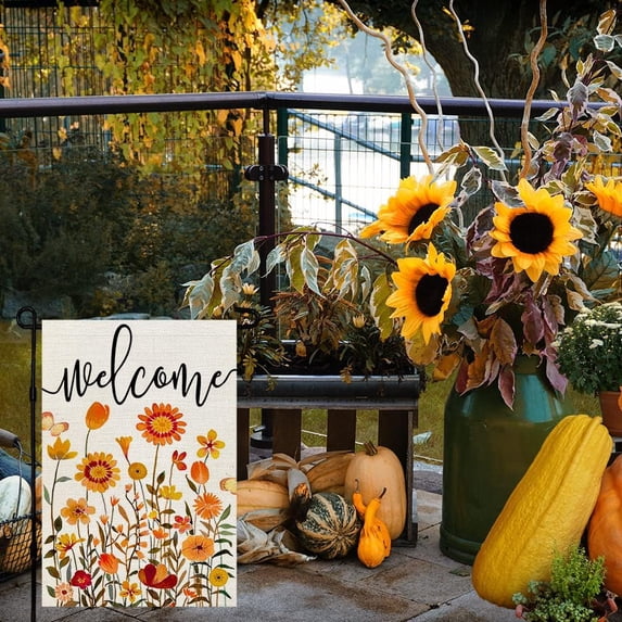 Gyryp Fall Floral Garden Flag 12x18 Inch Small Double Sided for Outside Thanksgiving Burlap Welcome Yard Decoration