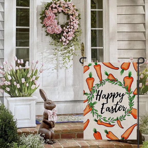 Gyryp Happy Easter Carrot Garden Flag 12x18 Inch Double Sided Burlap, Spring Wreath Small Sign Yard Holiday Outdoor Decorations