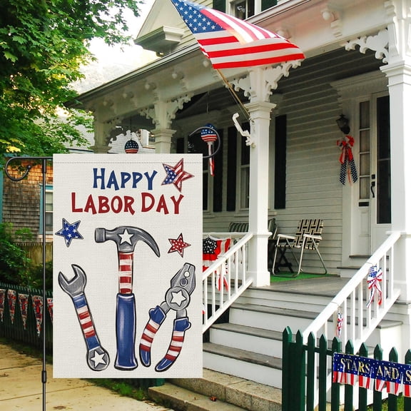 Gyryp Happy Labor Day Garden Flag 12x18 Vertical, Burlap Small Stars Stripes Tools Garden Yard House USA Flags Banner Outdoor Outside Labor Day Decoration