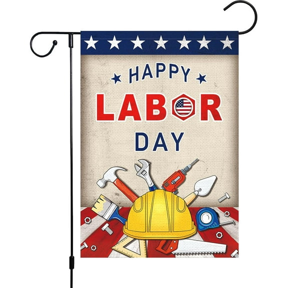 Gyryp Happy Labor Day Garden Flag 12x18 Vertical for Outside, Burlap Small Garden Yard House USA Flags Banner Outdoor Labor Day Decoration