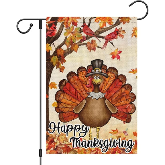 Gyryp Happy Thanksgiving Garden Flag 12 x 18 Inch Vertical Double Sided Burlap, Turkey Garden Flags Fall Cardinals Yard Flag for Thanksgiving Day Harvest Fall Autumn Outdoor Decoration(ONLY FLAG)