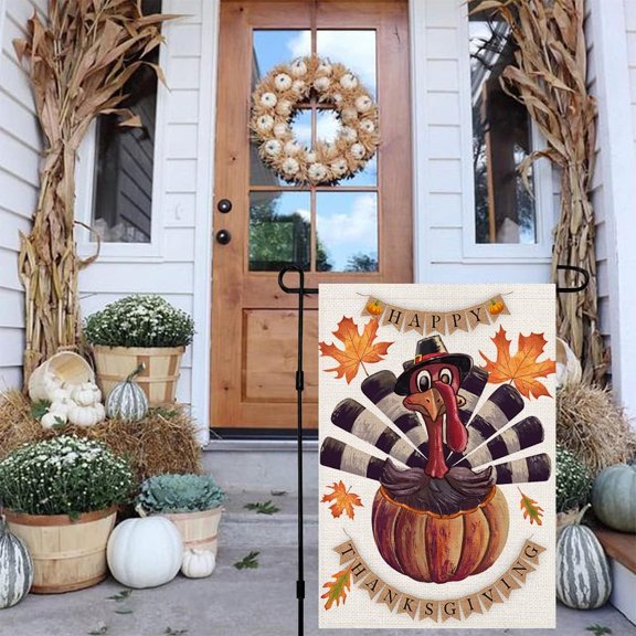 Gyryp Happy Thanksgiving Turkey Fall Garden Flag 12 x 18 Inch Burlap Vertical Double Sided, Maple Leaf Autumn Pumpkin Yard Outside Decor