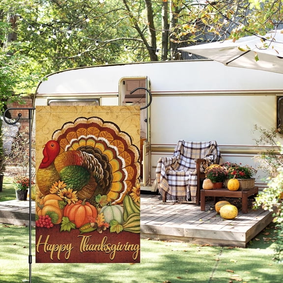 Gyryp Happy Thanksgiving Turkey Garden Flag 12 x 18 Inch Vertical Double Sided Burlap, Fall Pumpkin Sunflower Yard Flag for Thanksgiving Day Harvest Fall Autumn Outdoor Decoration(ONLY FLAG)