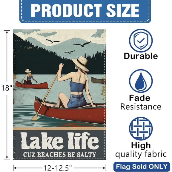 Gyryp Lake Life Cuz Beaches Be Salty Decorative Garden Flag, Lake House Women Boat Mountain Forest Birds Yard Outside Home Decoration, Farmhouse Burlap Outdoor Small Decor Double Sided 12 x 18