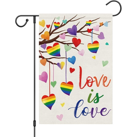 Gyryp Pride Rainbow Garden Flag 12x18 Burlap, Small Love is Love LGBT Gay Lesbian Love Heart Garden Yard Flags Sign Banner for Pride Month Porch Outdoor Decor