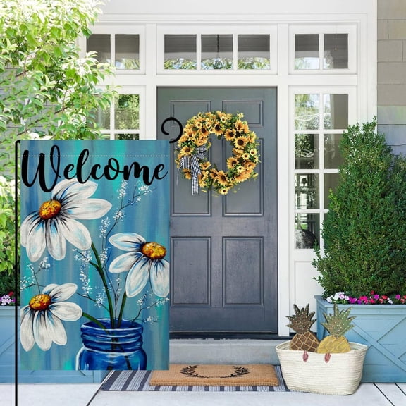Gyryp Summer Daisy Garden Flag Mason Jar Floral 12x18 Vertical Double Sided Welcome Spring Farmhouse Holiday Outside Decorations Burlap Yard Flag